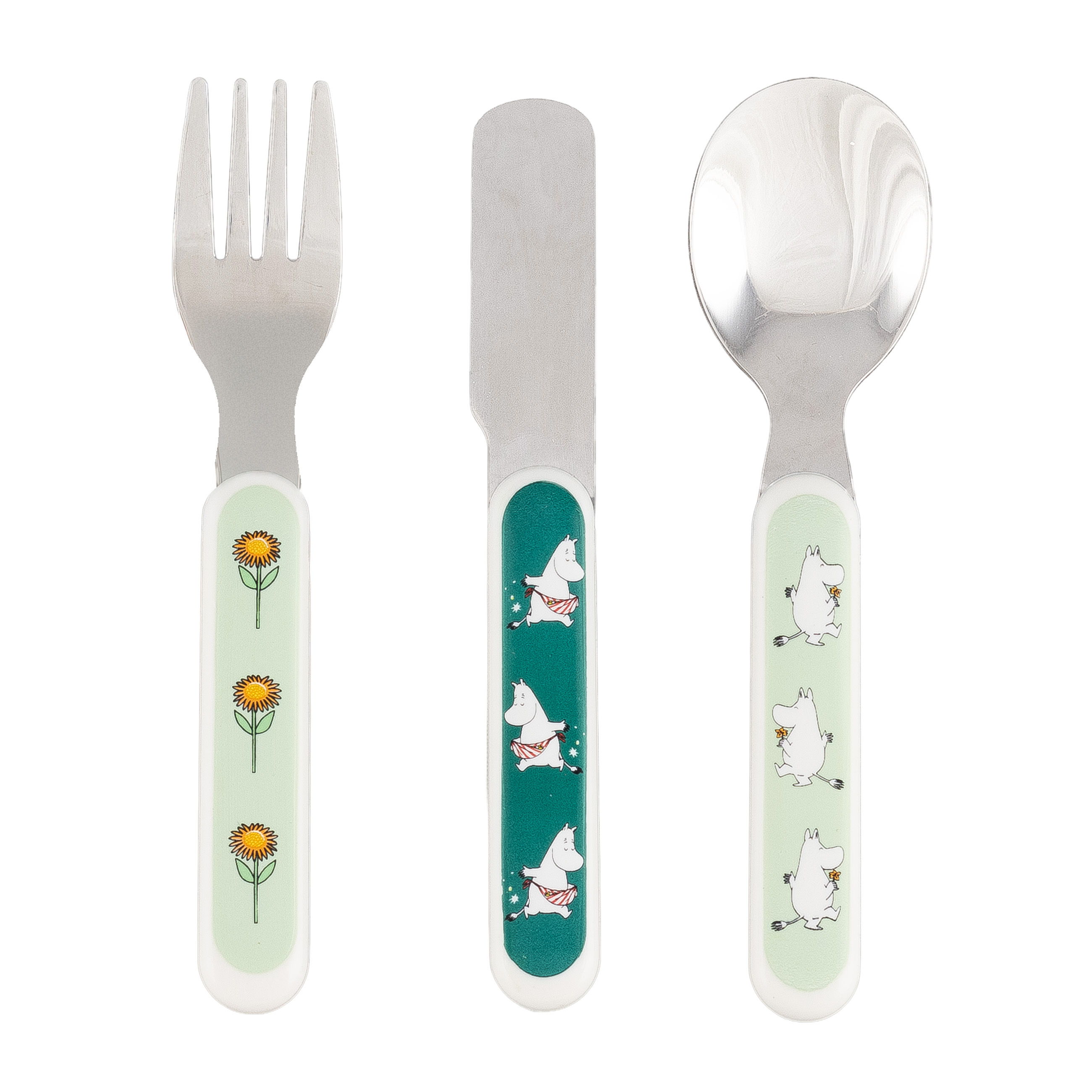 Barnas metallbestikksett: gaffel med grønne solsikker, mørkegrønn Mummi-kniv og lysegrønn Mummi-skje.