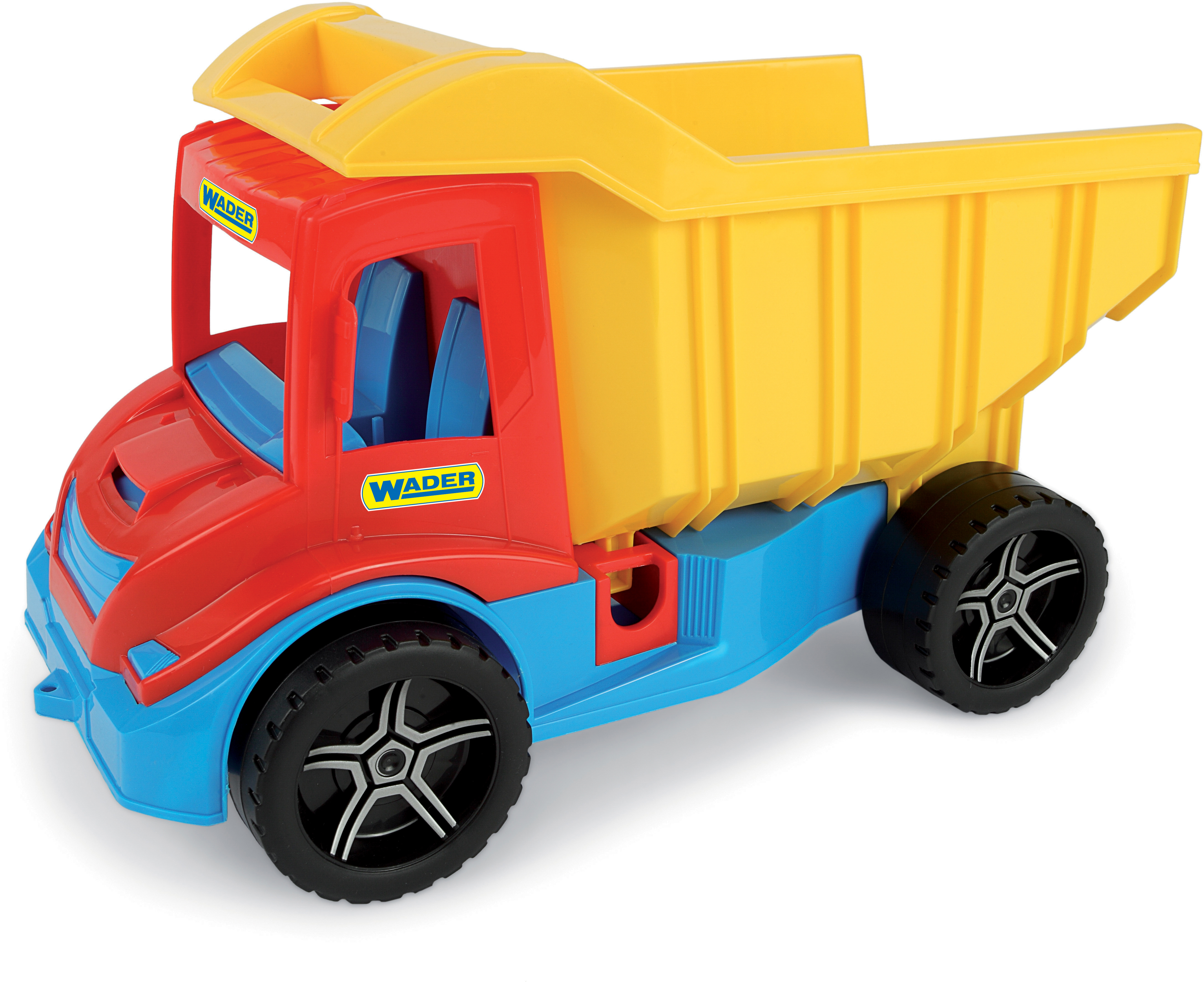 En rød, blå og gul lekedumpbil i plast med svarte hjul og sølvfelger.