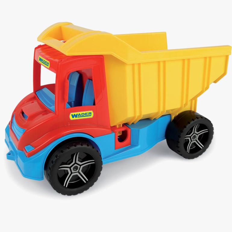 En rød, blå og gul lekedumpbil i plast med svarte hjul og sølvfelger.