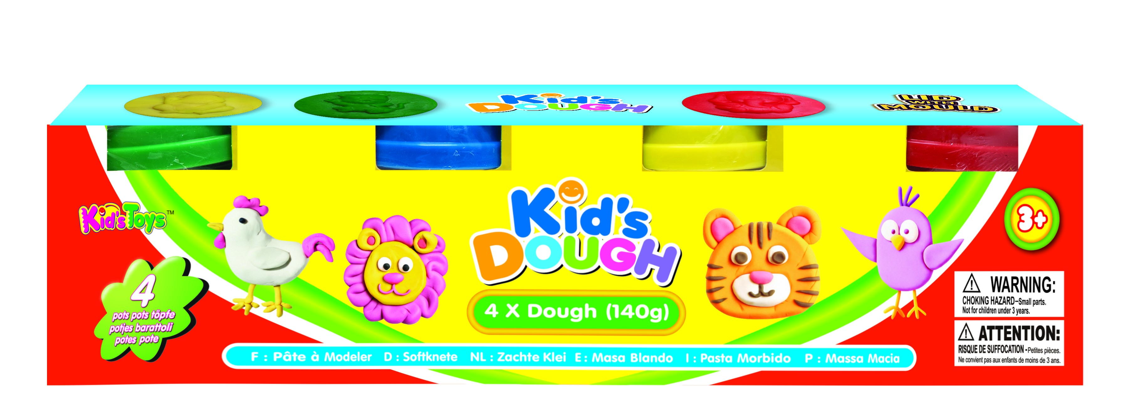 Kid's Dough 4-paknings modellkitt med grønne, blå, gule og røde krukker, med dyrefigurer.