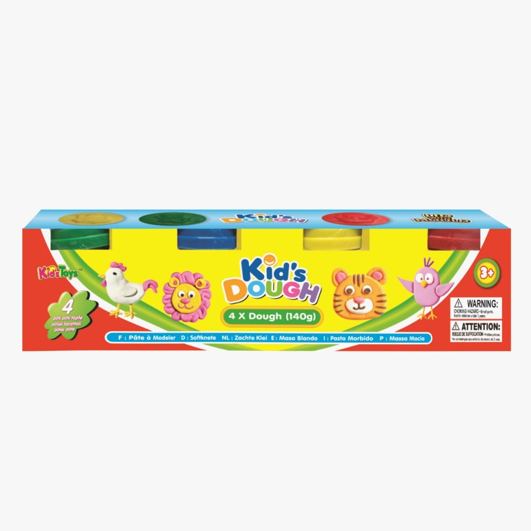 Kid's Dough 4-paknings modellkitt med grønne, blå, gule og røde krukker, med dyrefigurer.