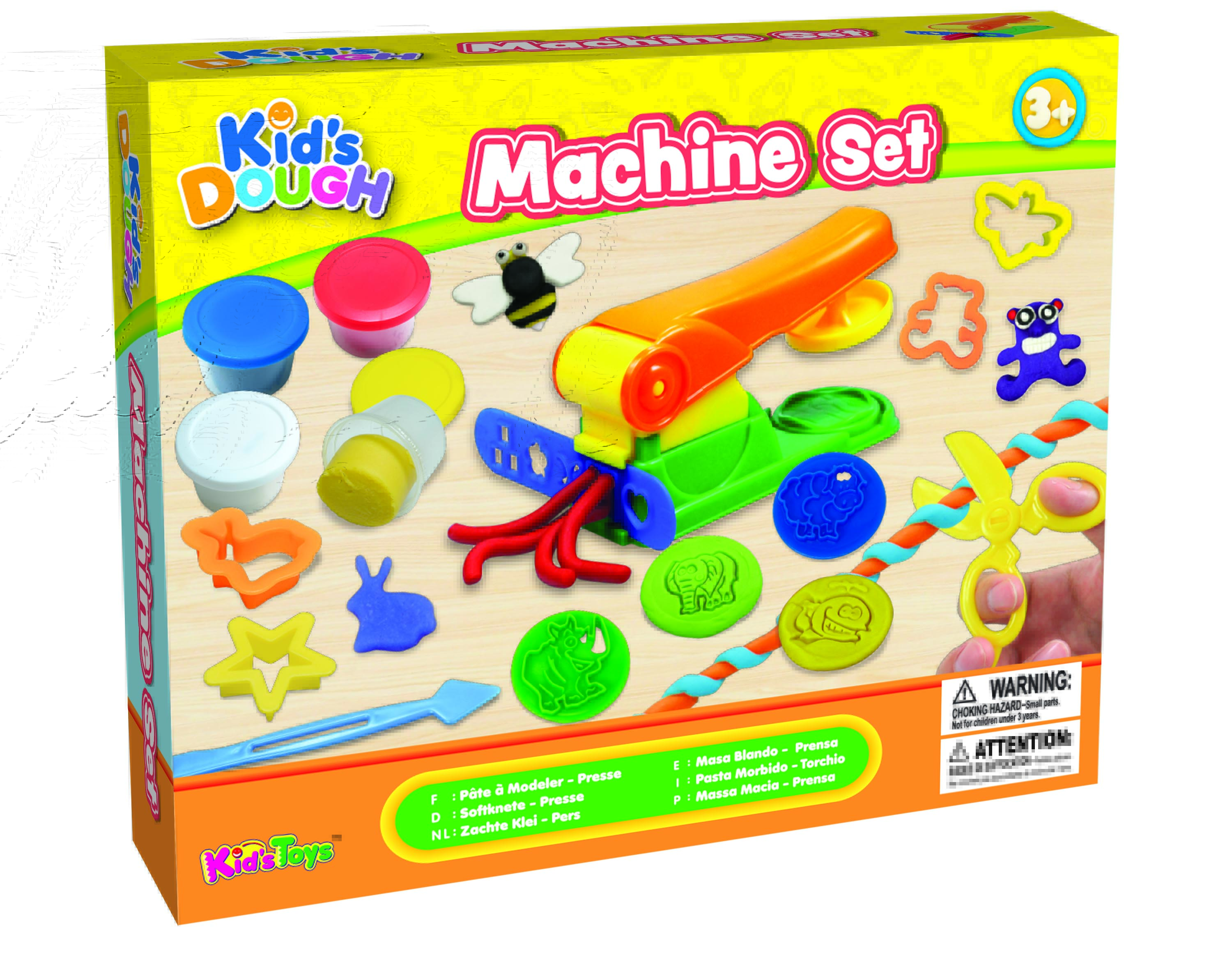 Flerfarget Kid's Dough maskinsett med deigpresse, leire, kakeformer, dyreformer og plastsaks.