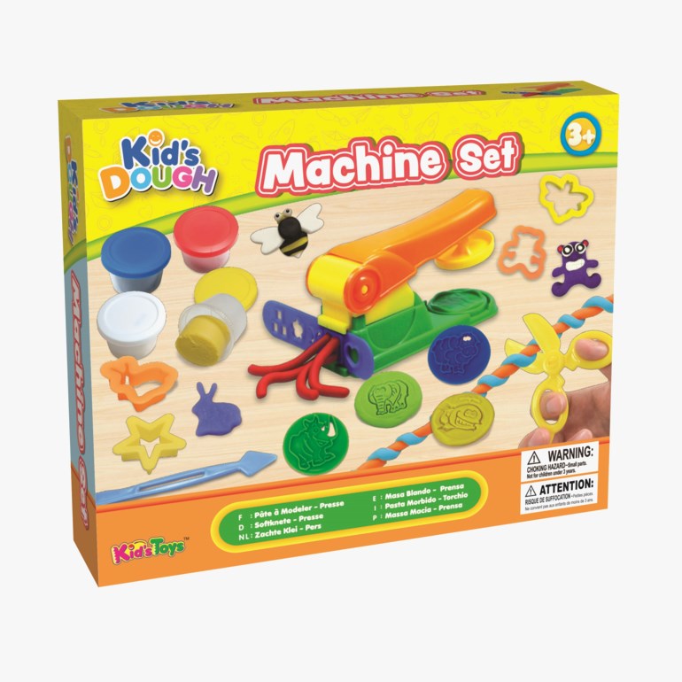 Flerfarget Kid's Dough maskinsett med deigpresse, leire, kakeformer, dyreformer og plastsaks.