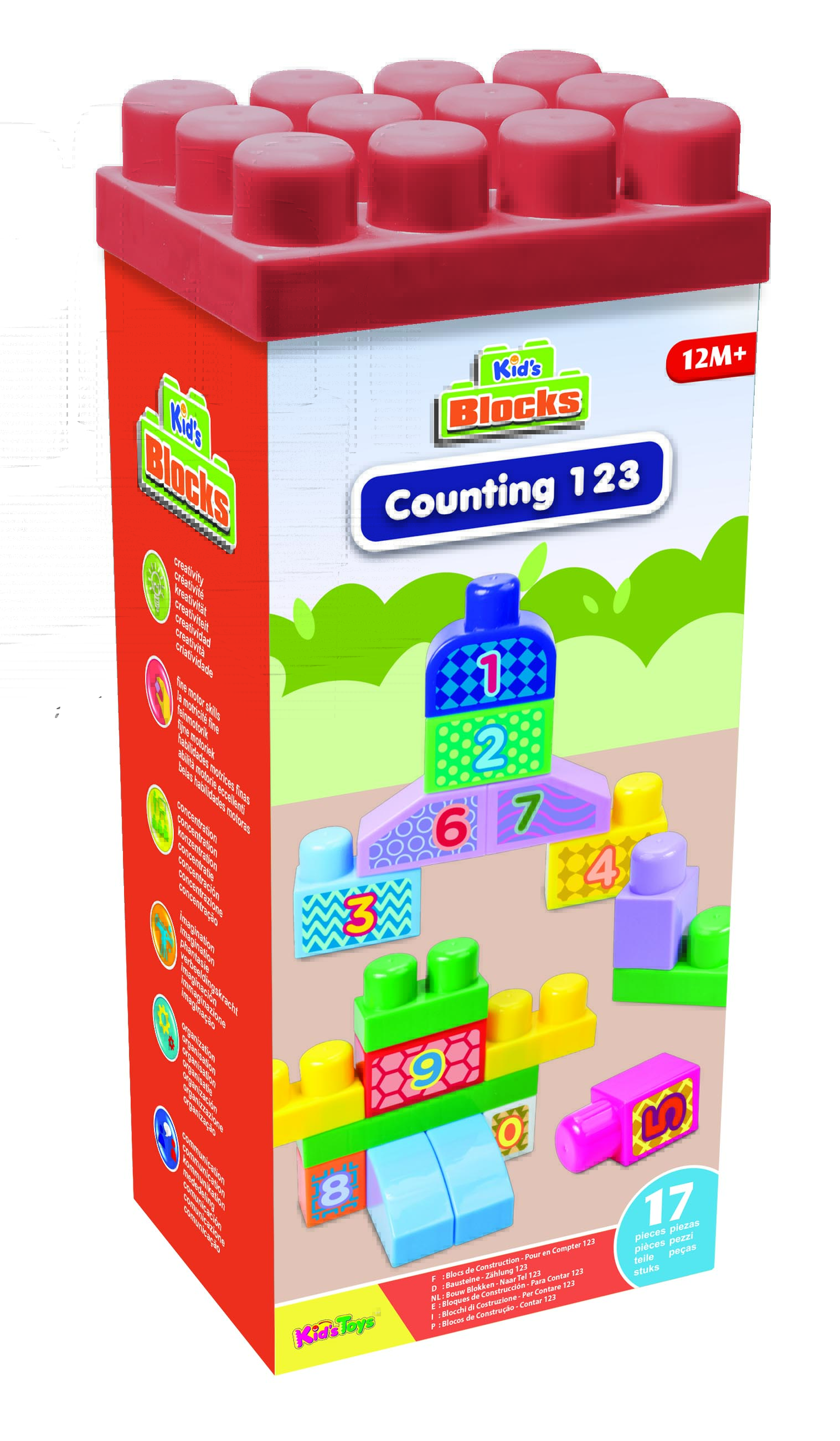 Kid's Blocks Counting 123-sett i rød eske, 17 fargerike nummerklosser 0-9, for aldre 12M .