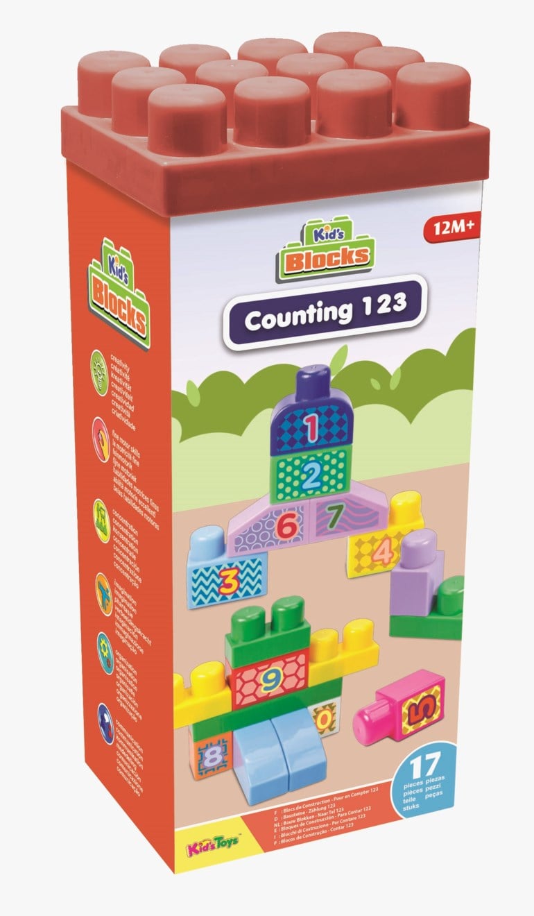 Kid's Blocks Counting 123-sett i rød eske, 17 fargerike nummerklosser 0-9, for aldre 12M .