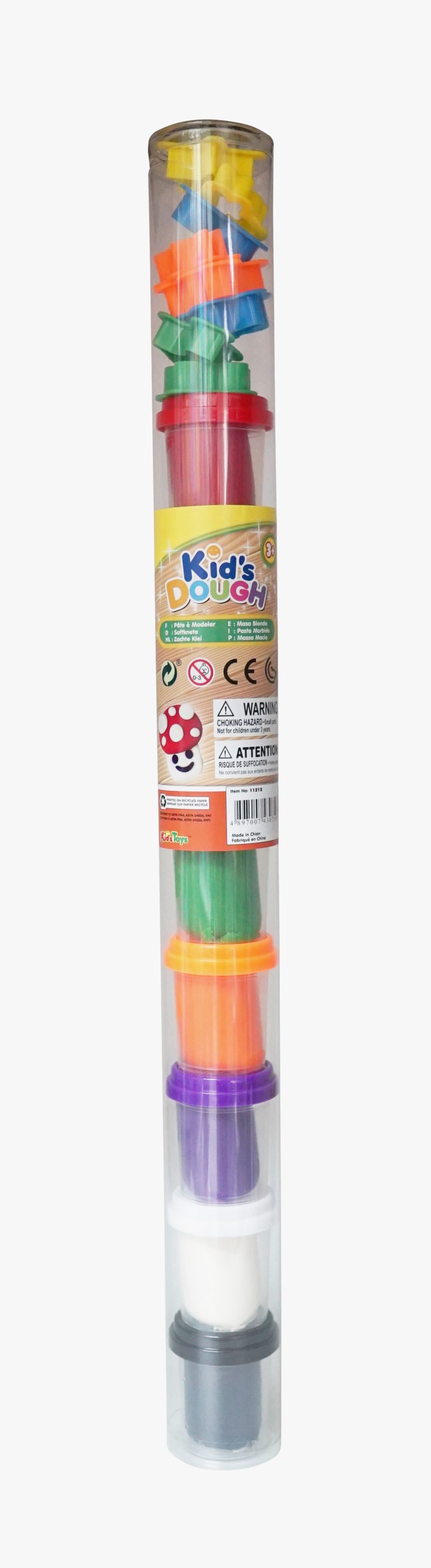 Et høyt gjennomsiktig rør inneholder et Kid's Dough-sett med seks fargerike lekedeigbokser og utstikkere.