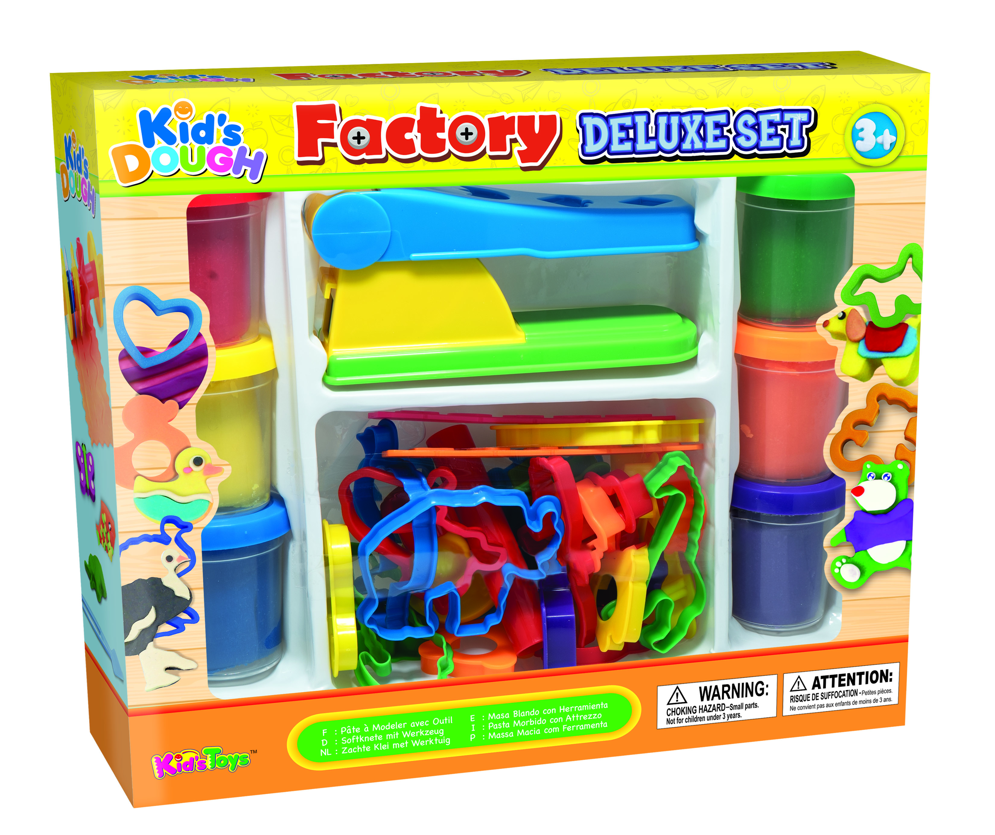 Et Kid's Dough Factory Deluxe Set i gul eske, viser flere deigbeholdere, en presse og fargerike kuttere.