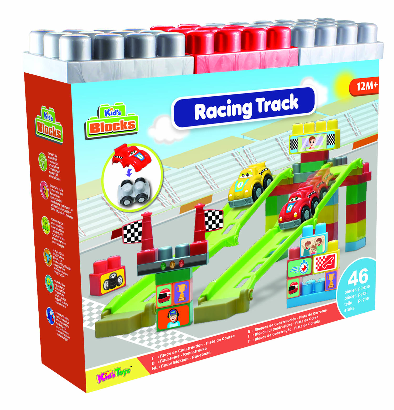 Eske med Kid's Blocks Racing Track lekesett med illustrasjon av racerbane, røde og gule biler, 46 deler.