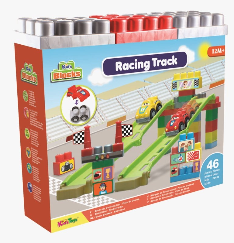Eske med Kid's Blocks Racing Track lekesett med illustrasjon av racerbane, røde og gule biler, 46 deler.