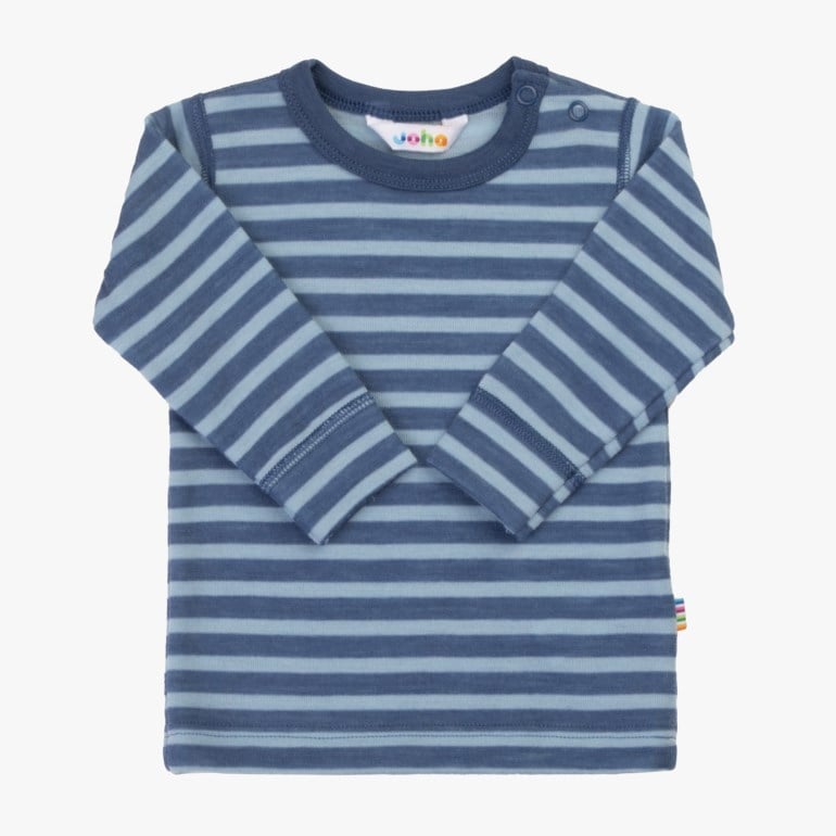 Babys blå og lyseblå stripete langermet topp med to skulder trykknapper.