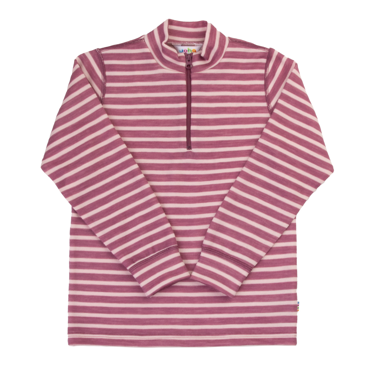 Barnas rosa og lys beige stripete langermede genser med kvartglidelås og høy krage.