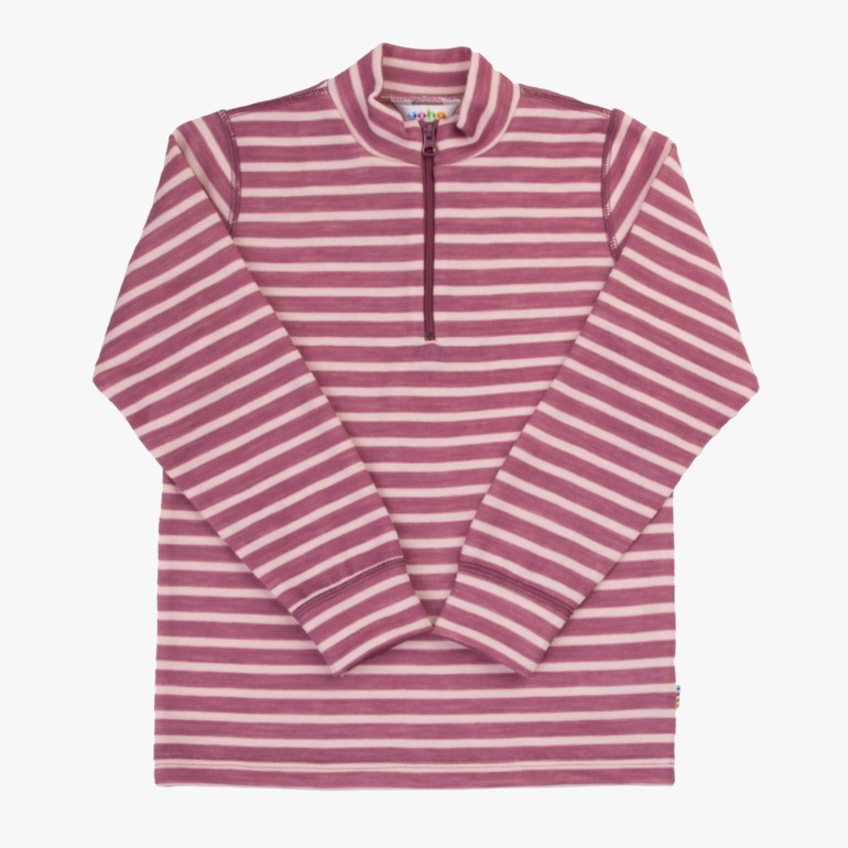 Barnas rosa og lys beige stripete langermede genser med kvartglidelås og høy krage.