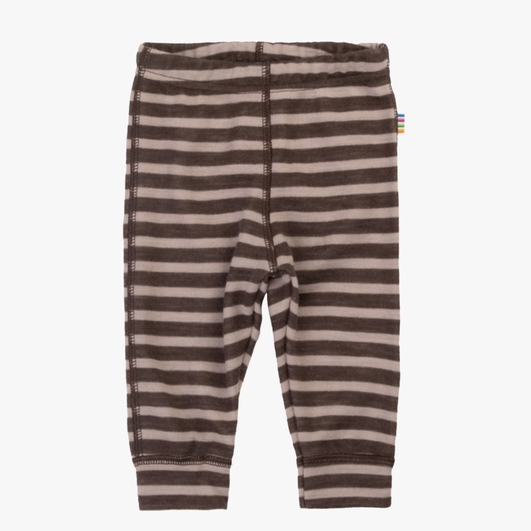 Barnebukser i brunt og beige stripete strikket stoff med elastisk midje og ribbekant ved anklene.