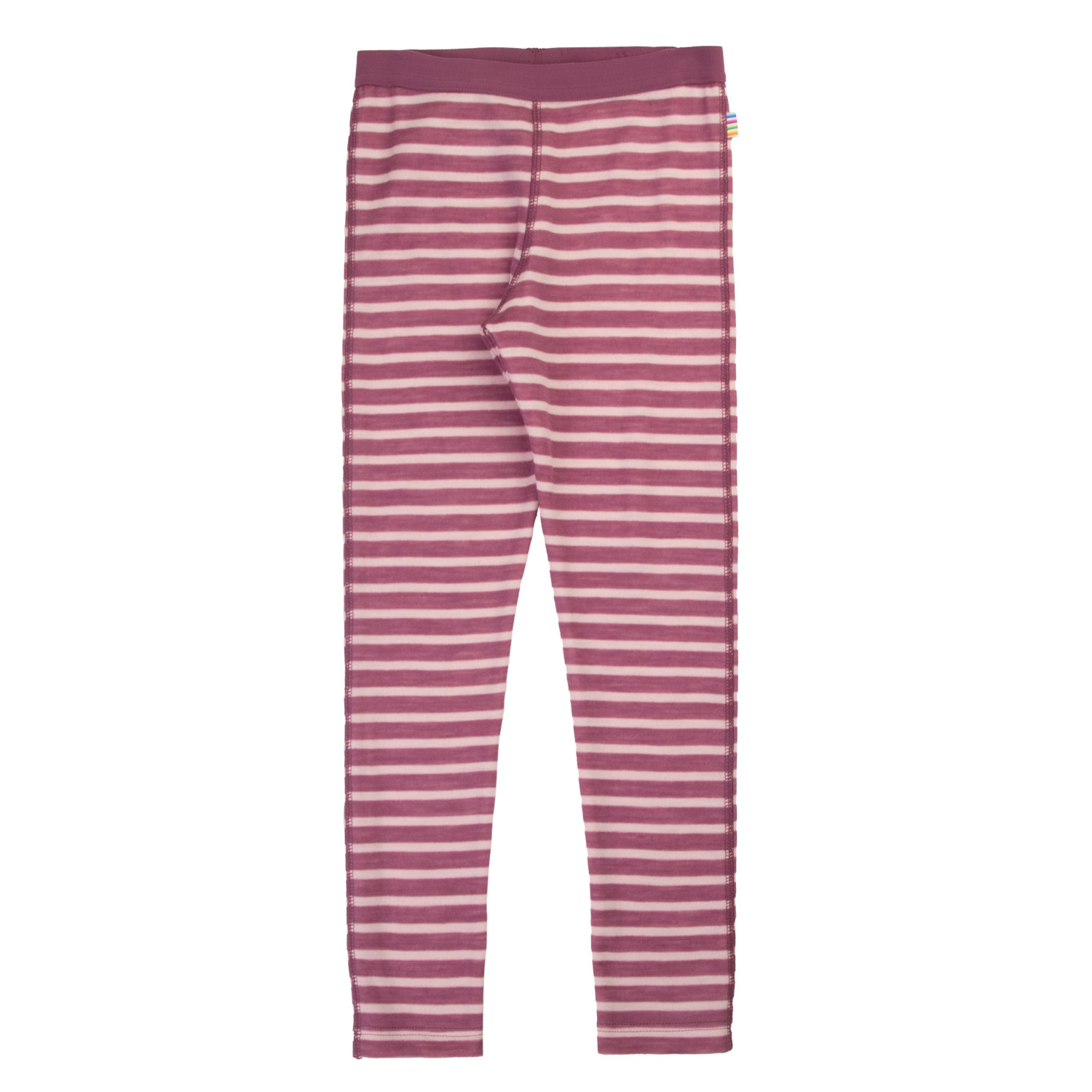 Barne-leggings i rosa og beige med striper og strikk i midjen, forfra.