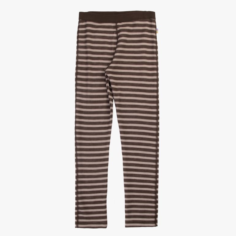 Forfra, stripete leggings for barn i brunt og lys beige med brunt elastisk midjebånd.