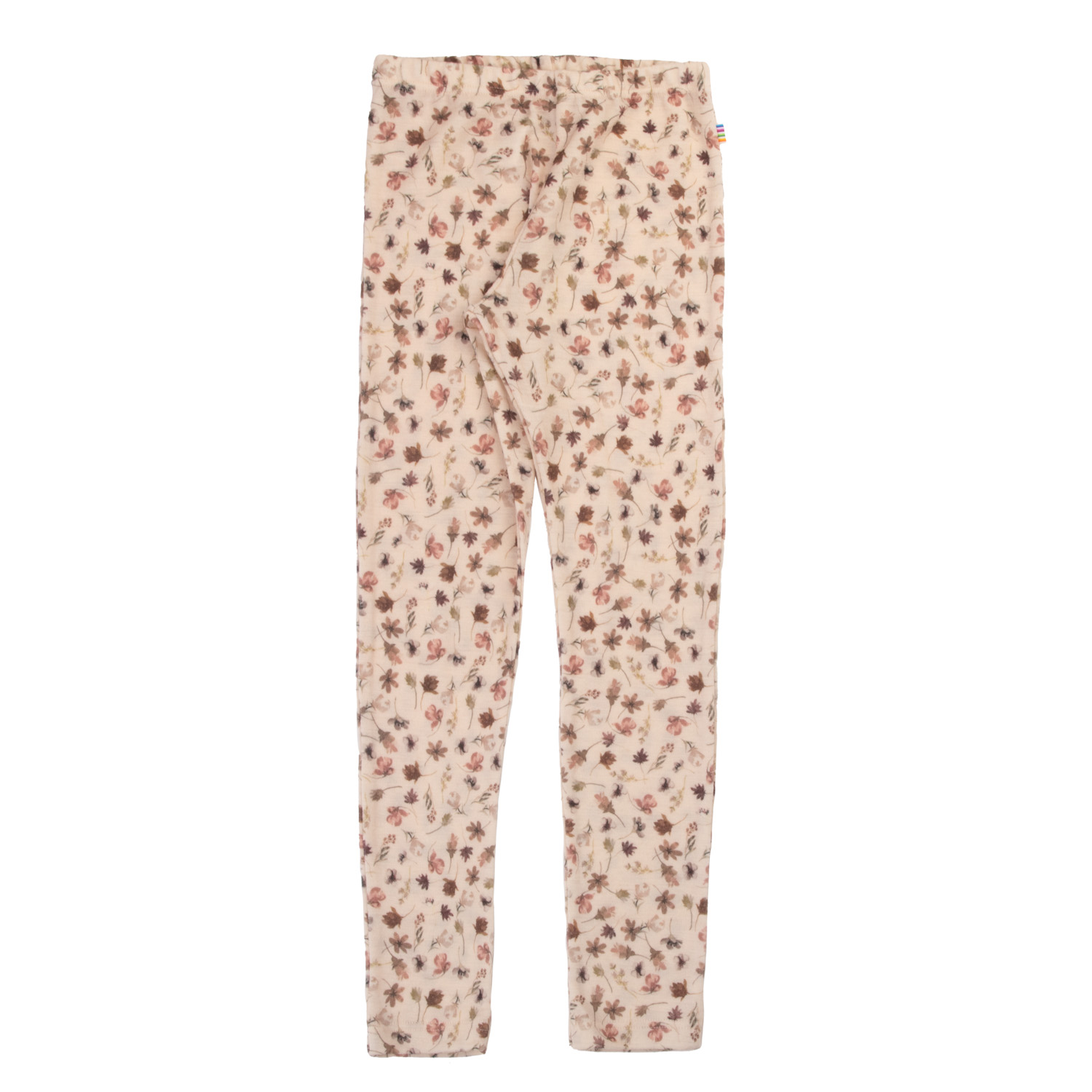Lysebeige blomstrete leggings med strikk i midjen, presentert i en flat lay forfra-visning.