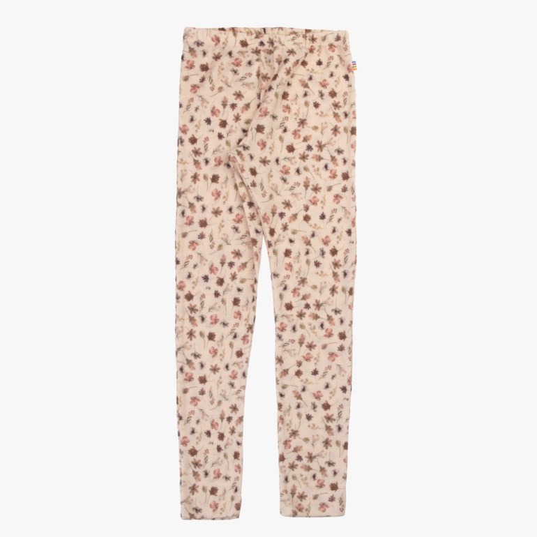 Lysebeige blomstrete leggings med strikk i midjen, presentert i en flat lay forfra-visning.