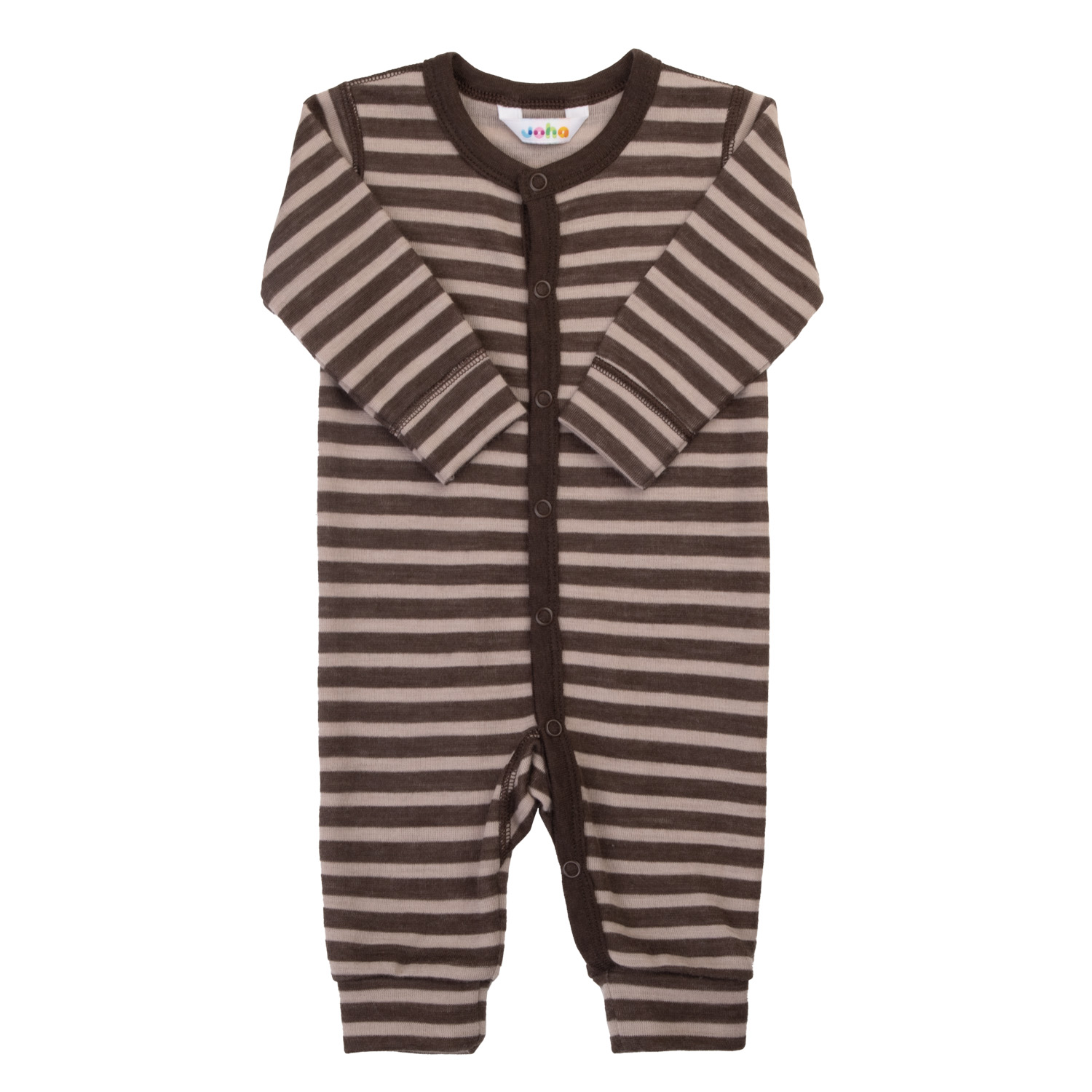 Frontbilde av en brun- og beigestripet baby sparkedress med lange ermer og trykknapper i front.