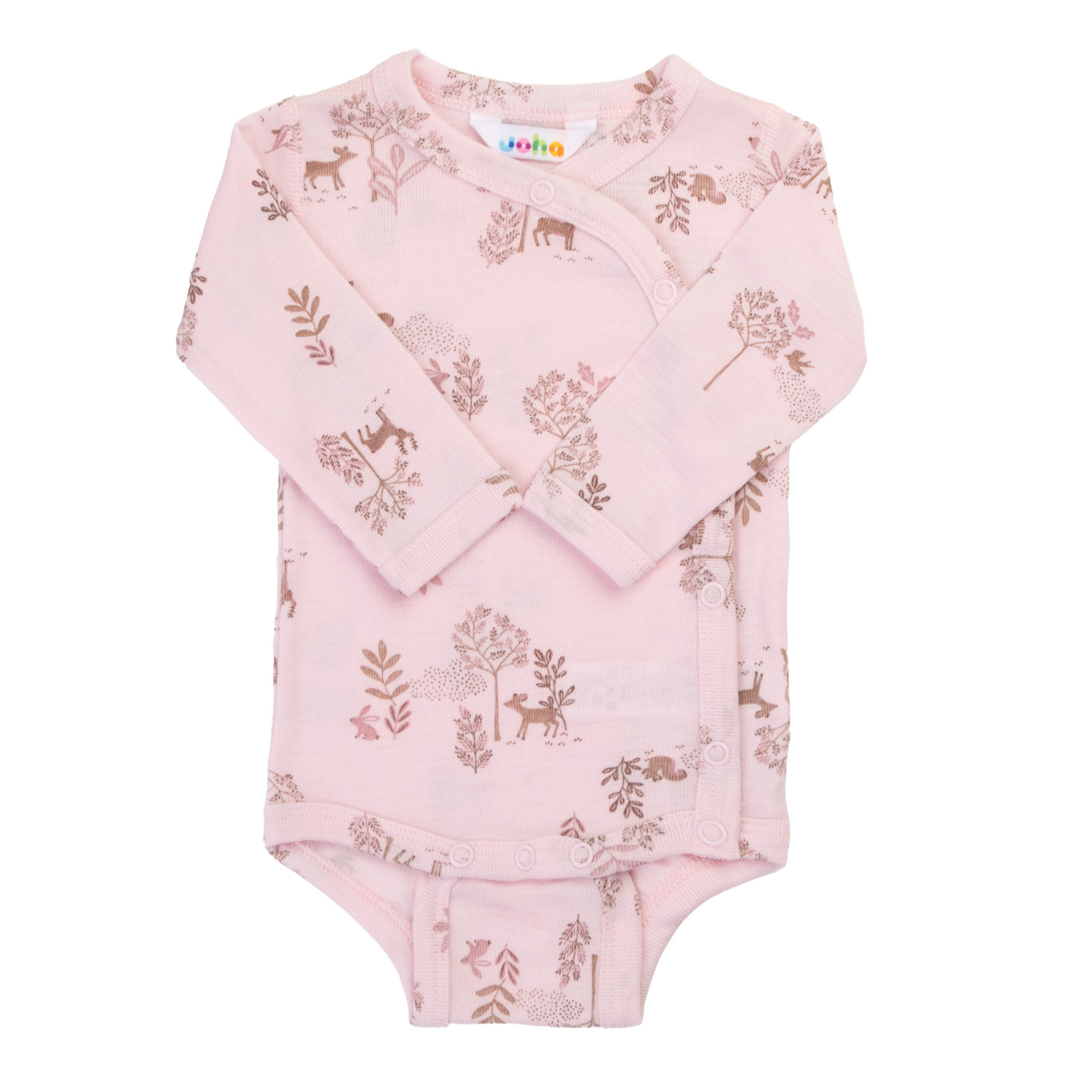Rosa babybody med lange ermer, omslagsstil, skogsdyr- og tretrykk, festet med trykknapper.