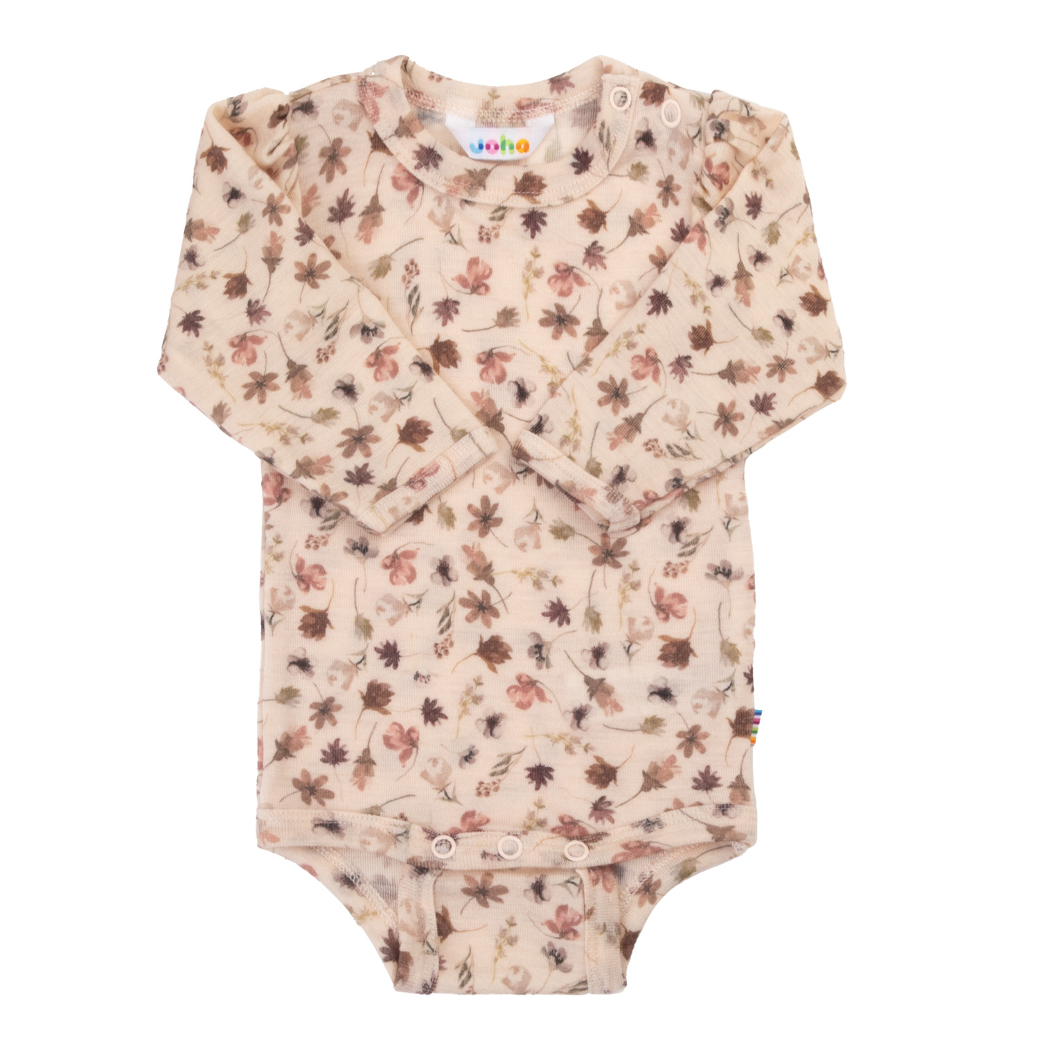 Babys beige langermet body med blomstermønster og trykknapper ved skulder og skritt.
