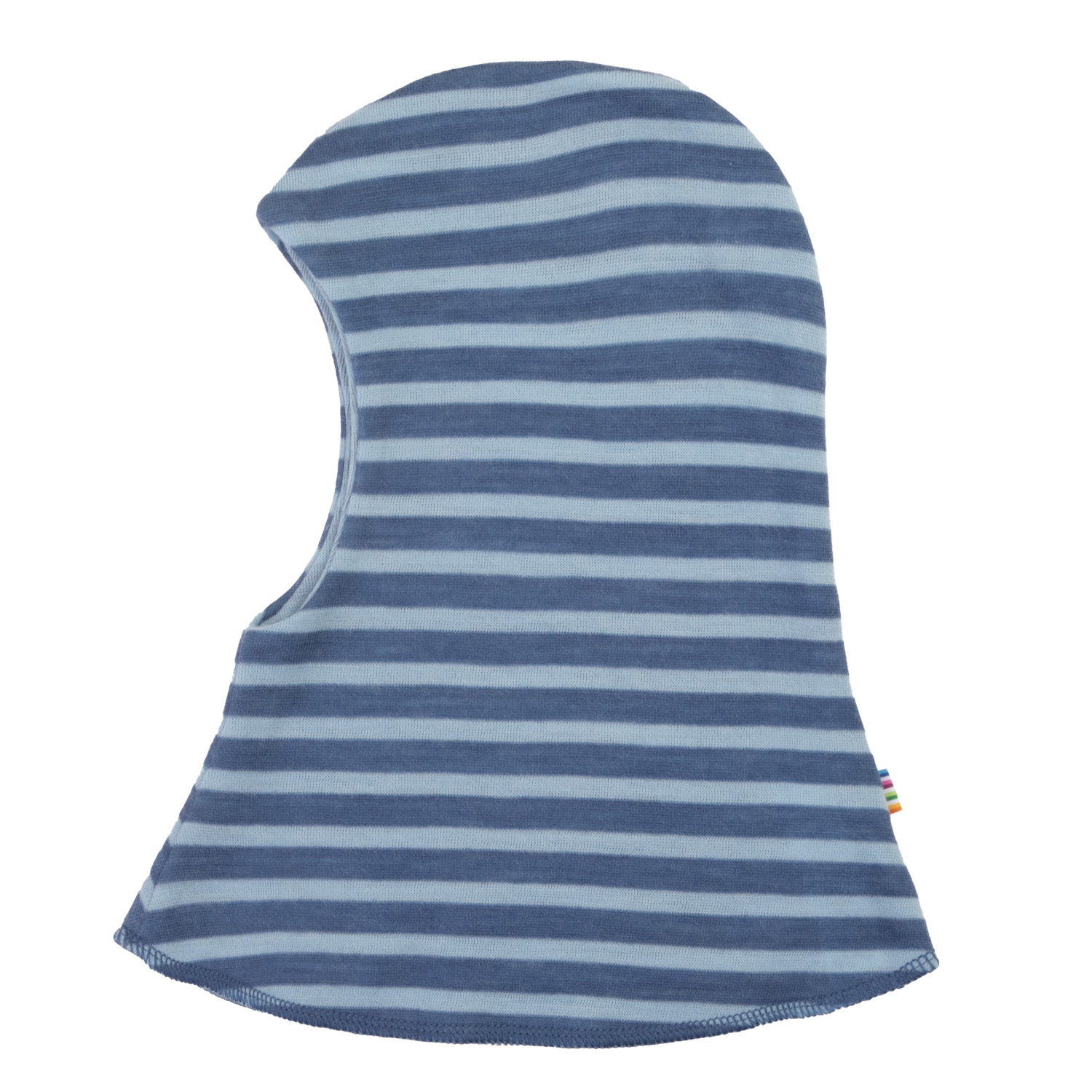 Lys og mørk blåstripet balaklava for barn, forfra.