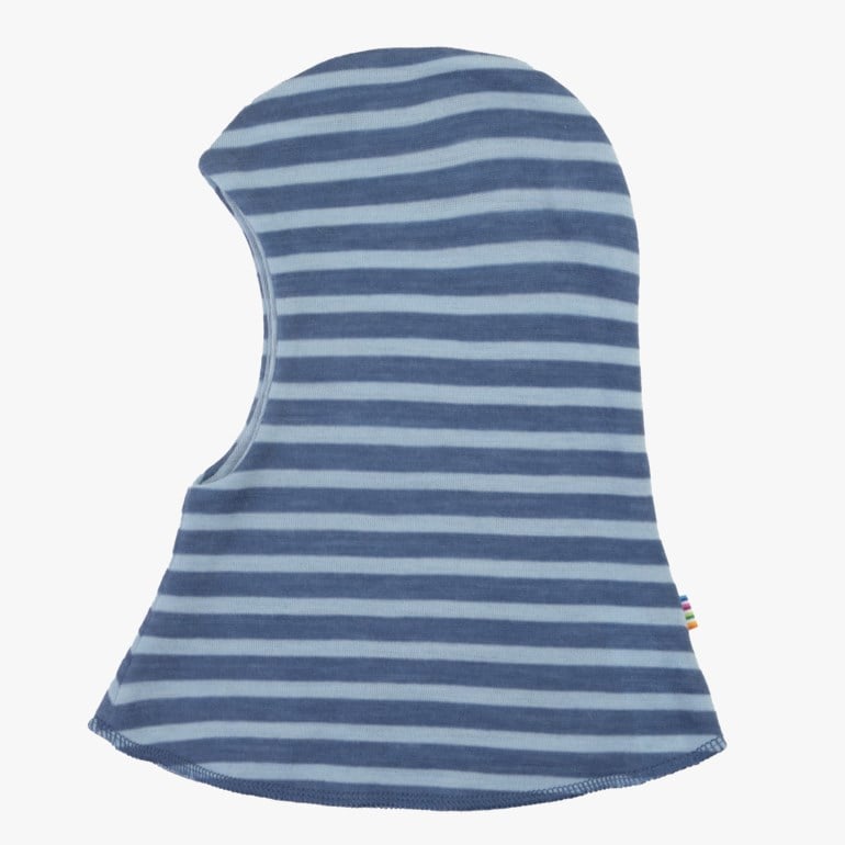 Lys og mørk blåstripet balaklava for barn, forfra.
