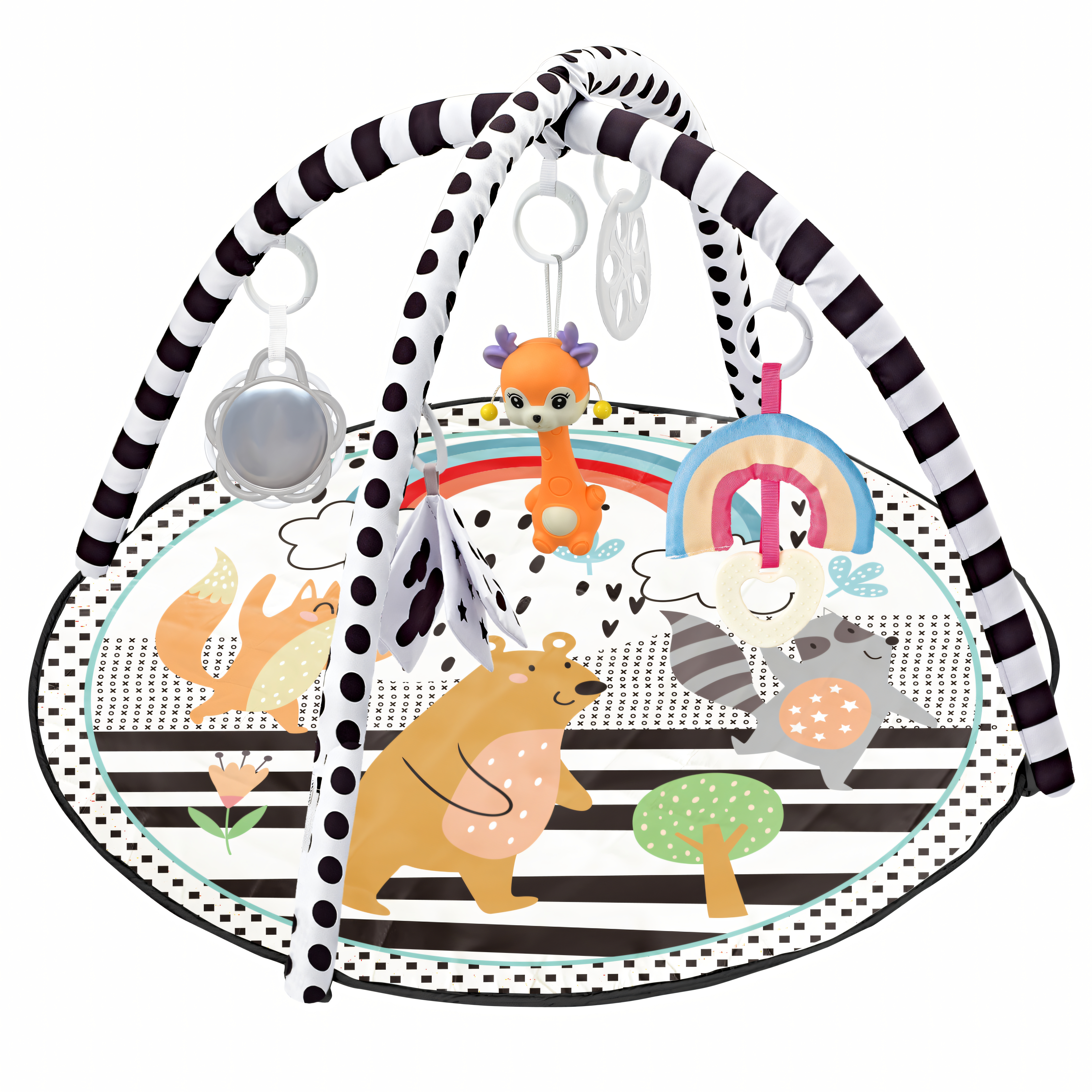 Babyaktivitetsmatte med svart og hvit bue, hengende speil, rådyr, regnbueleke og grafikk med skogsdyr.