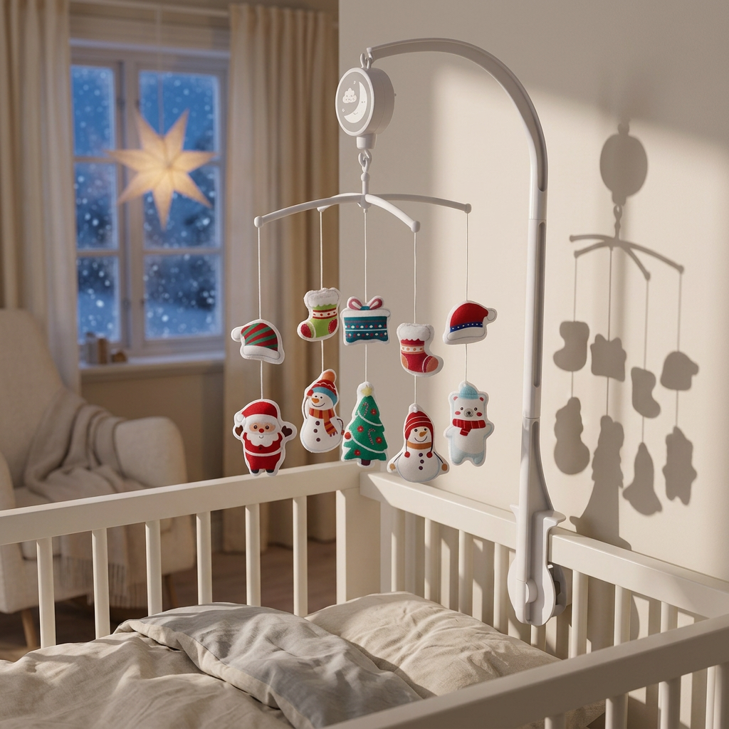 Hvit babykrybbe mobil med hengende julefigurer: nisse, snømann, tre, bjørn, strømpe, gave, lue.