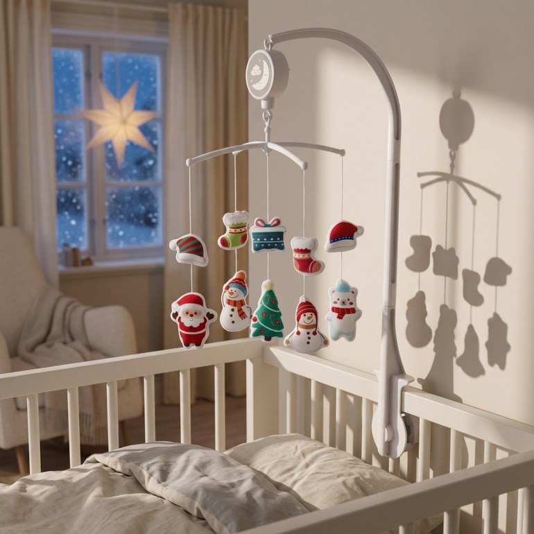 Hvit babykrybbe mobil med hengende julefigurer: nisse, snømann, tre, bjørn, strømpe, gave, lue.