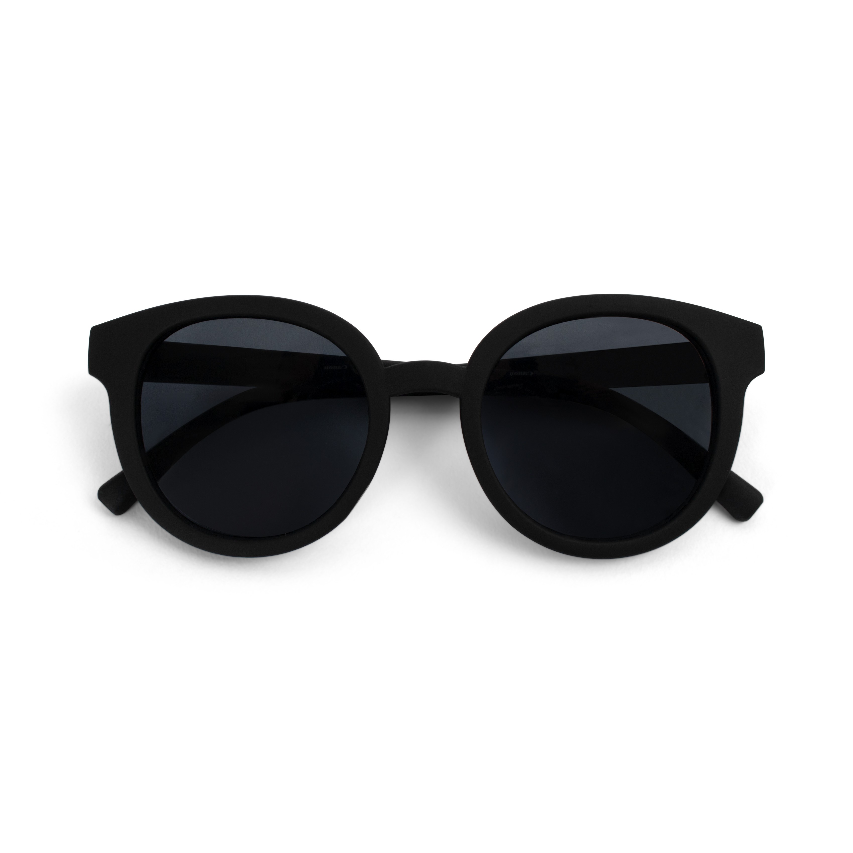 Svarte matte runde solbriller med mørke glass, forfra.