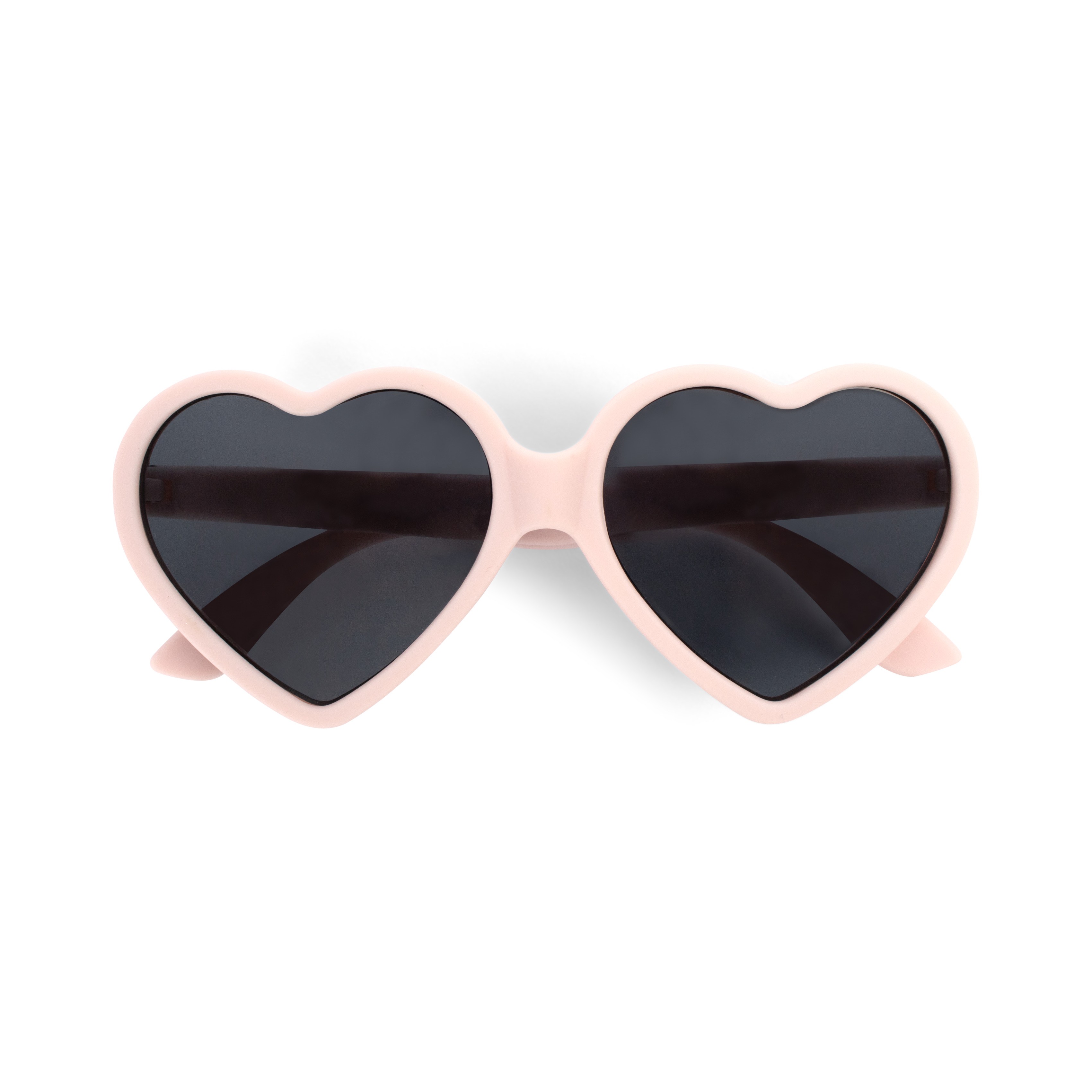Lys rosa hjerteformede solbriller med mørke glass, sett ovenfra.