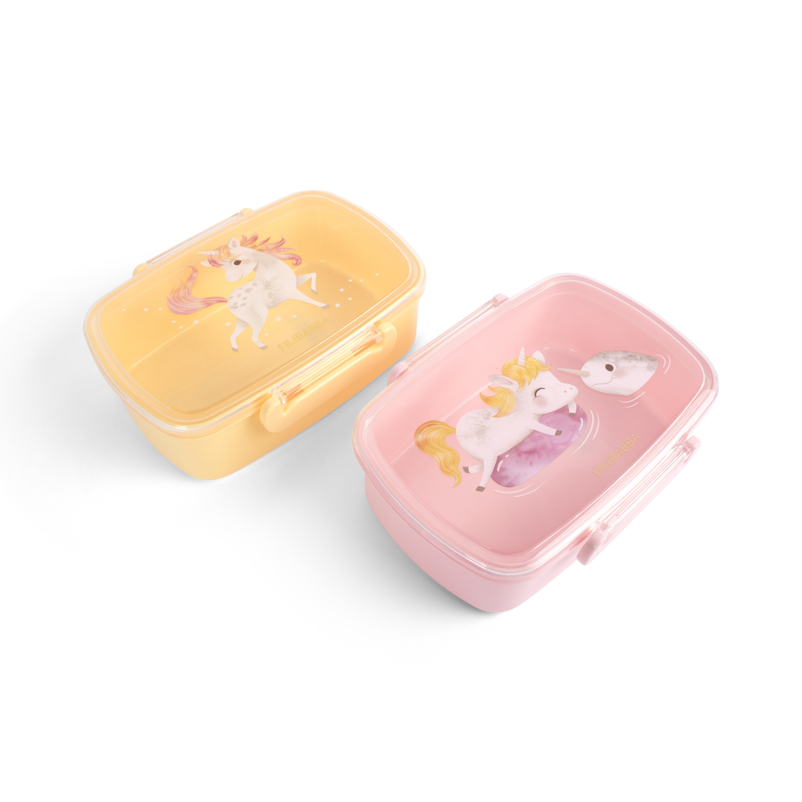Rosa rektangulær matboks med gjennomsiktig lokk med enhjørning og narhval, og en gul boks med enhjørning.