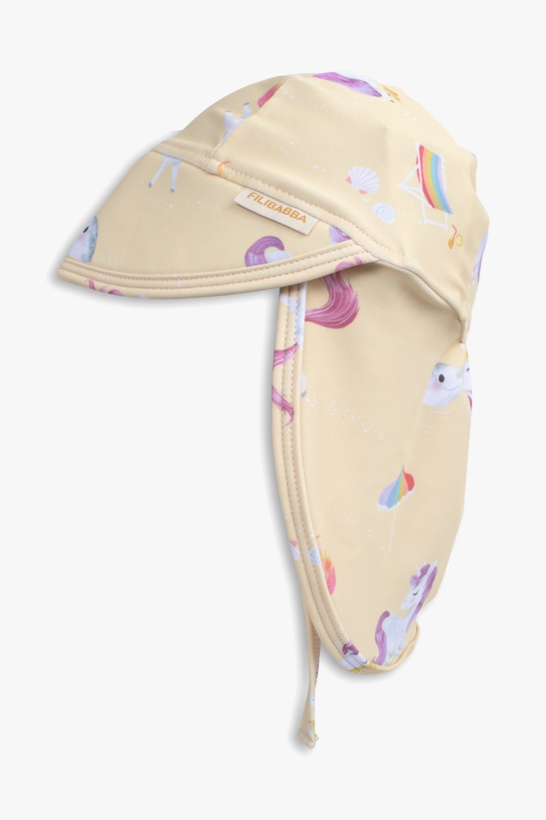 Lys beige solhatt for barn med enhjørning- og strandmønster, med brem og nakkeklaff.