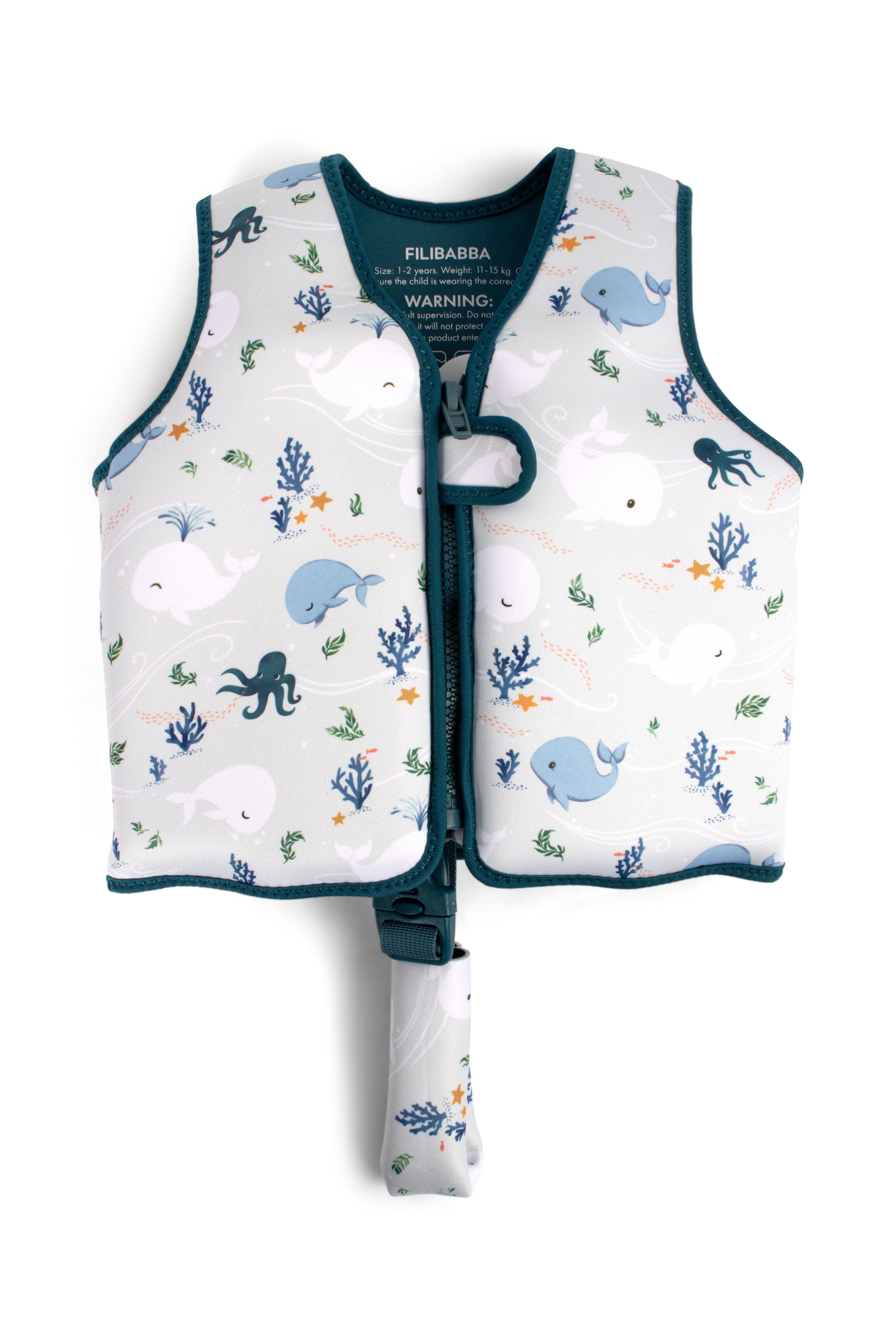 Barnes lys grå svømmevest med havdyrmønster, mørk turkis kant, glidelås foran og justerbar skrittrem.