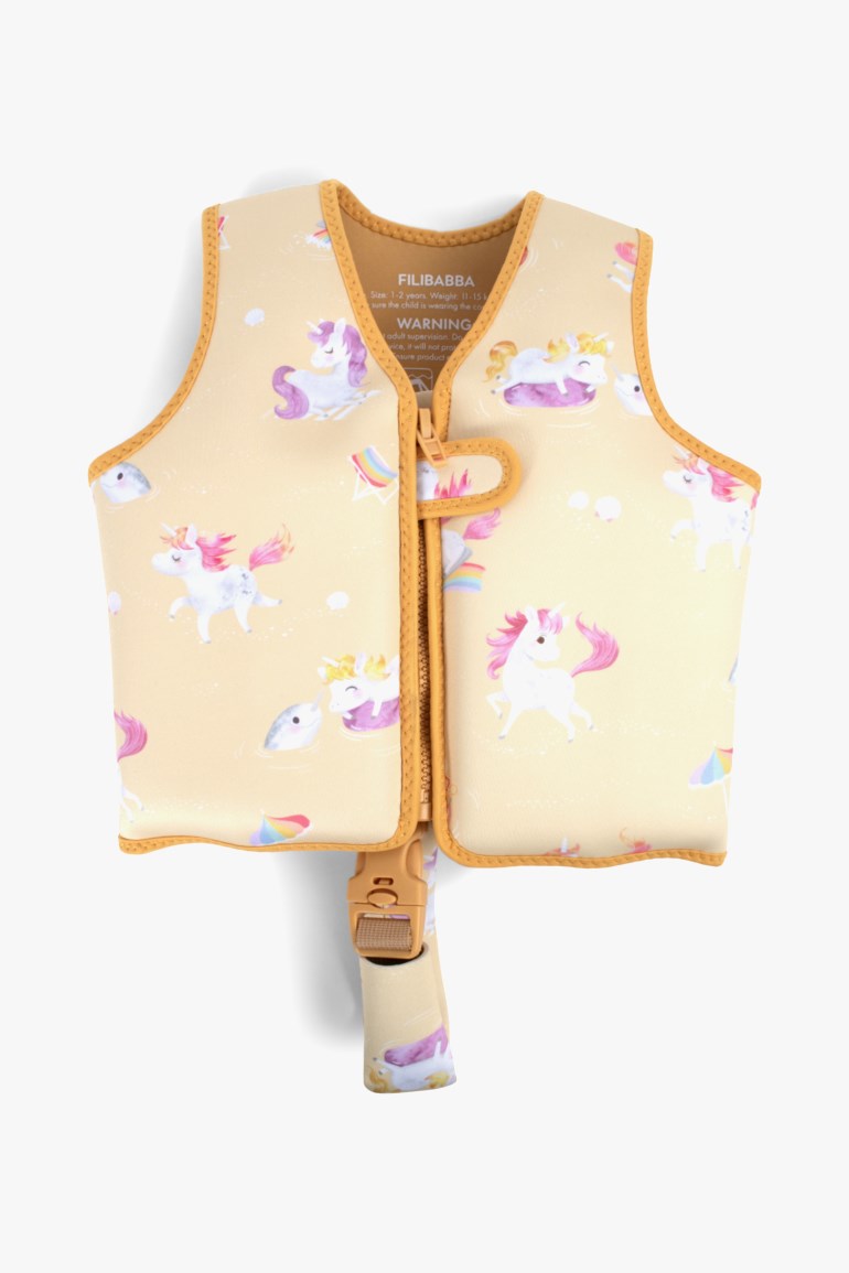 Barne gul svømmevest med flerfarget enhjørningstrykk, glidelås foran og spennestropp nederst.