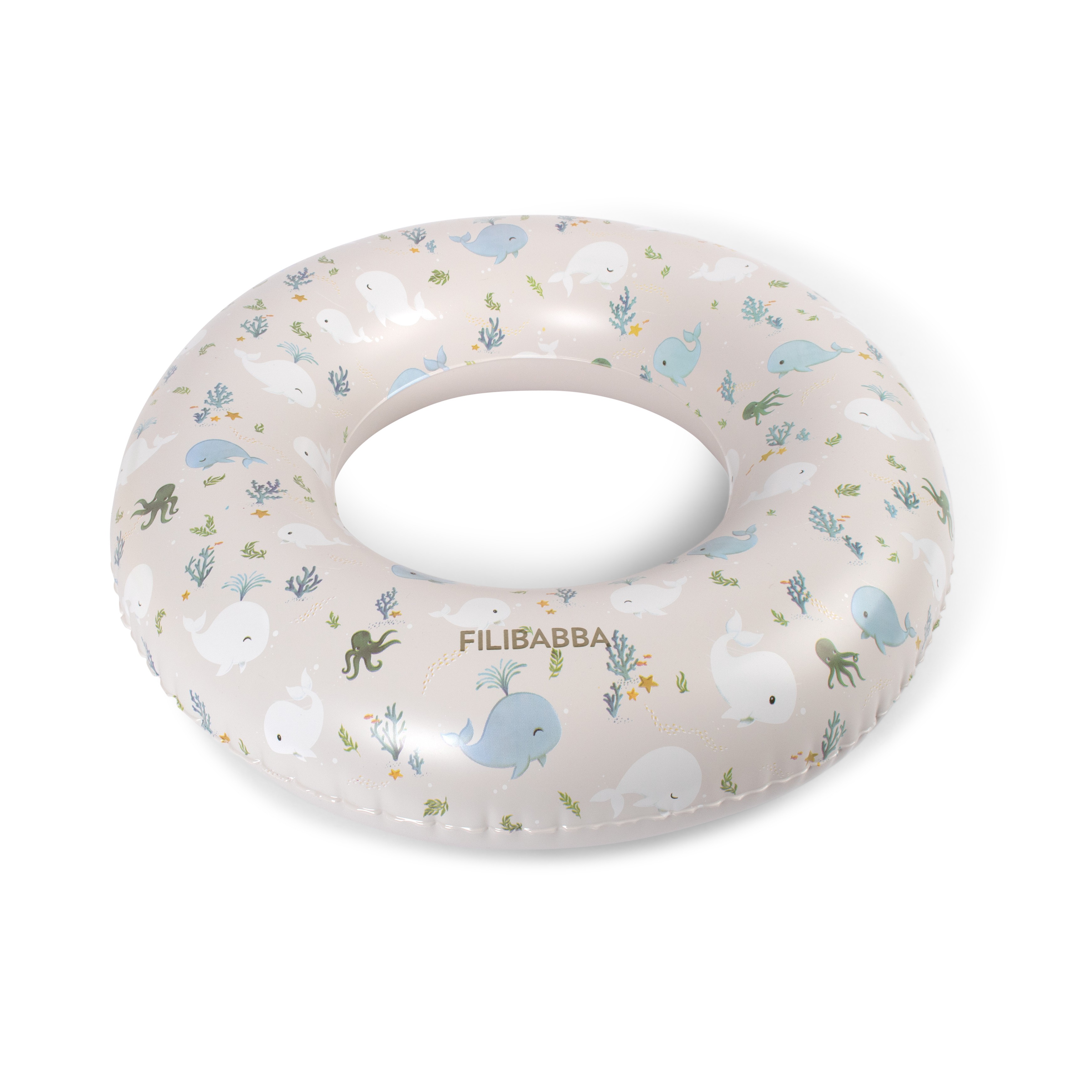 Lys beige badering med blå og hvite hvaler, grønne sjøgress og oransje sjøstjerner.