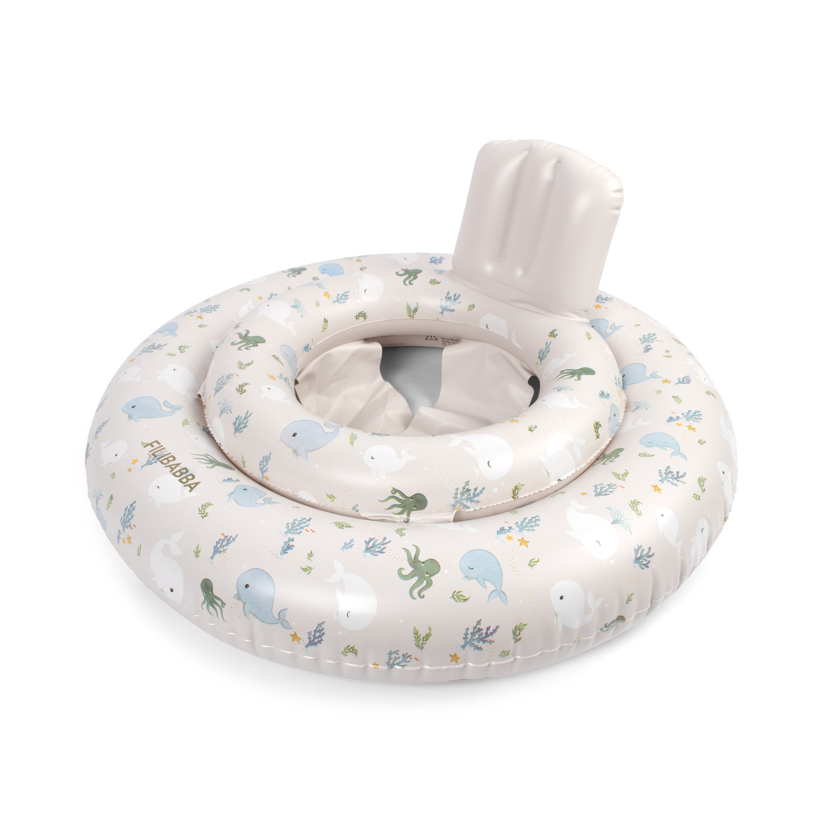 Lys beige oppblåsbar babyflåte med hvaler og blekksprutmønster og ryggstøtte, forfra.