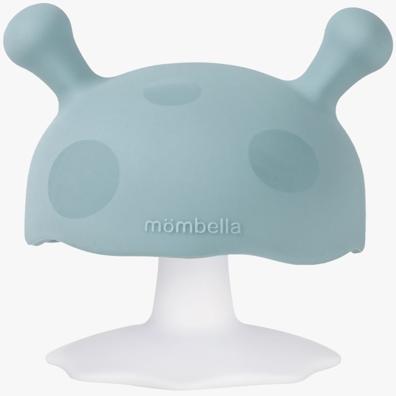 Turkis soppformet bitering med flekkete topp, to håndtak og hvit utvidet base.