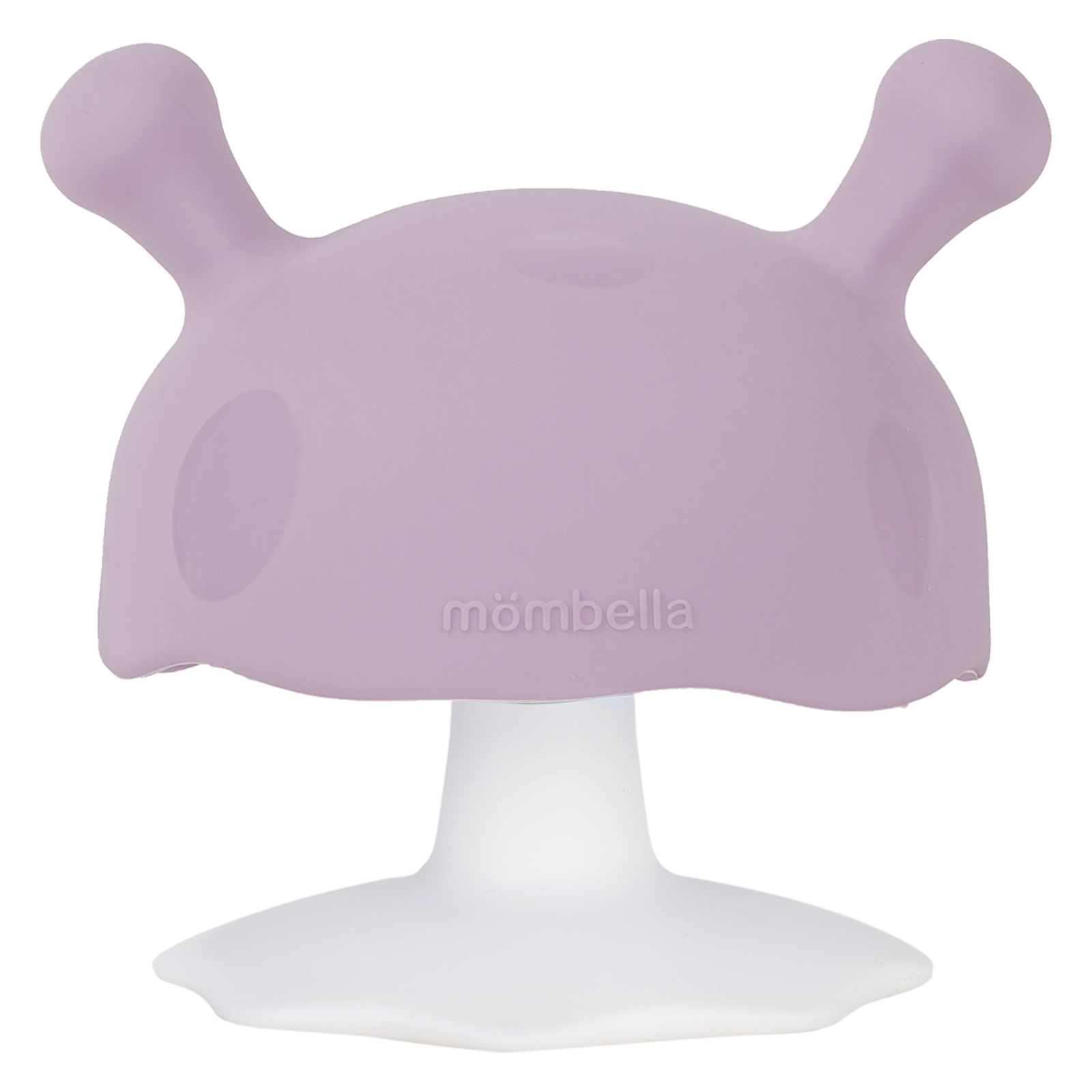 En lilla og hvit soppformet silikonbitering for baby med sugekoppbase, forfra.