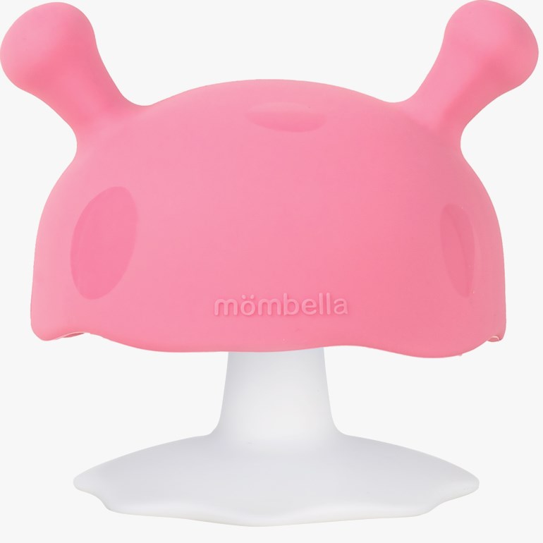 En rosa soppformet babyleke med hvit base.