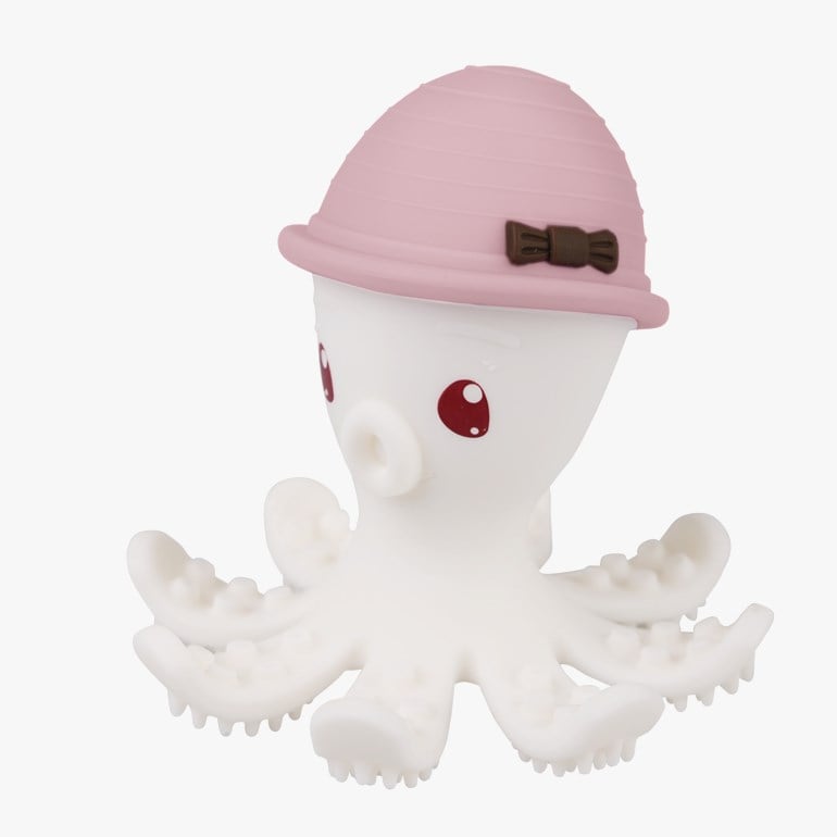 En hvit blekksprut bitering for baby med røde øyne, rosa riflet hatt og brun sløyfe.