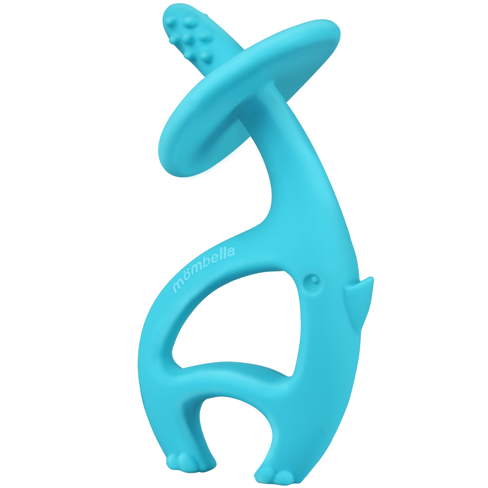 En lyseblå dyreformet bitering for baby med teksturert topp, små føtter og et øye.