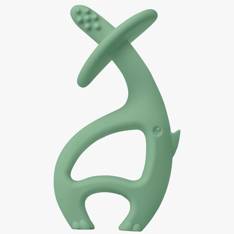 Frontvisning av en grønn dyreformet bitering i silikon med teksturerte nupper og små føtter.