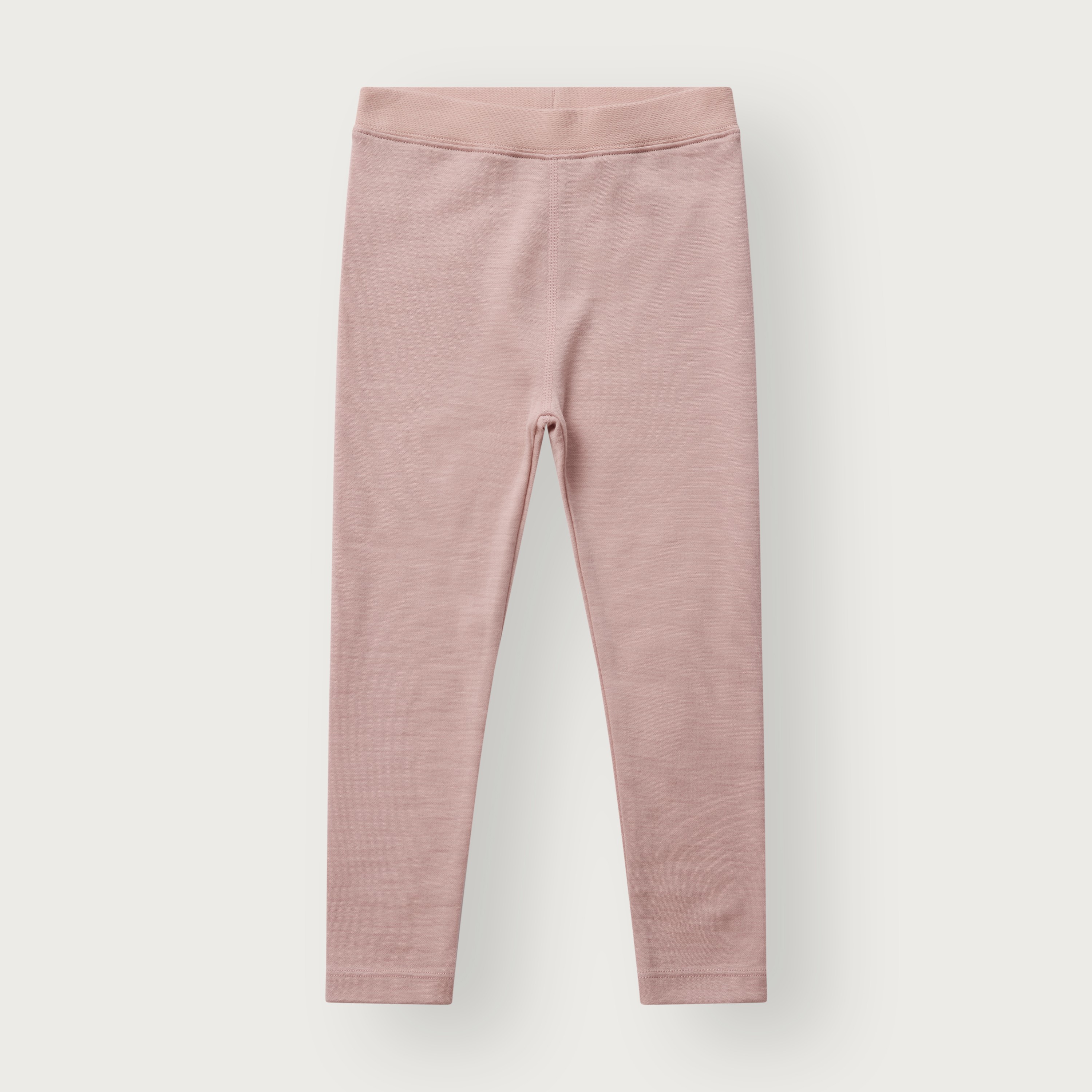 Forfra: Lys rosa strikkede barneleggings med elastisk midje.