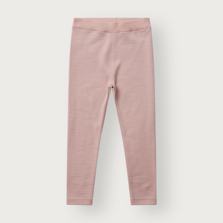 Forfra: Lys rosa strikkede barneleggings med elastisk midje.