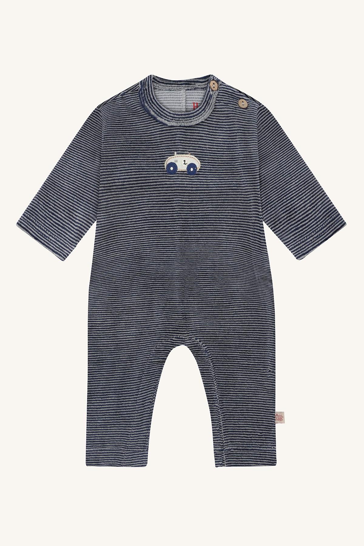 Baby sparkedress med lange ermer, stripete i blått og grått, med skulderknapper og hvit bilapplikasjon.