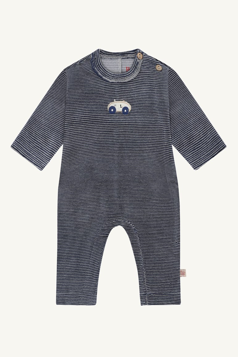 Baby sparkedress med lange ermer, stripete i blått og grått, med skulderknapper og hvit bilapplikasjon.