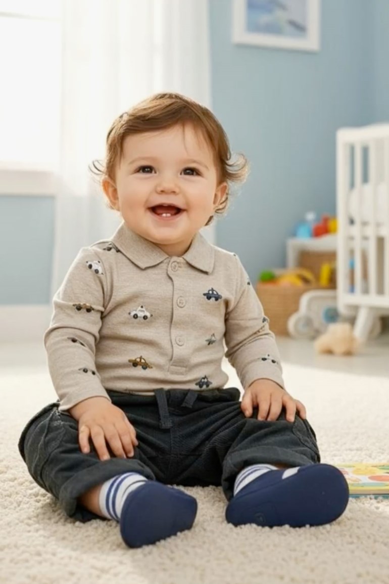 Baby har på seg en beige langermet pikétrøye med bilmønster, mørkegrå cordfløyelsbukser, stripete sokker og marineblå myksålesko.