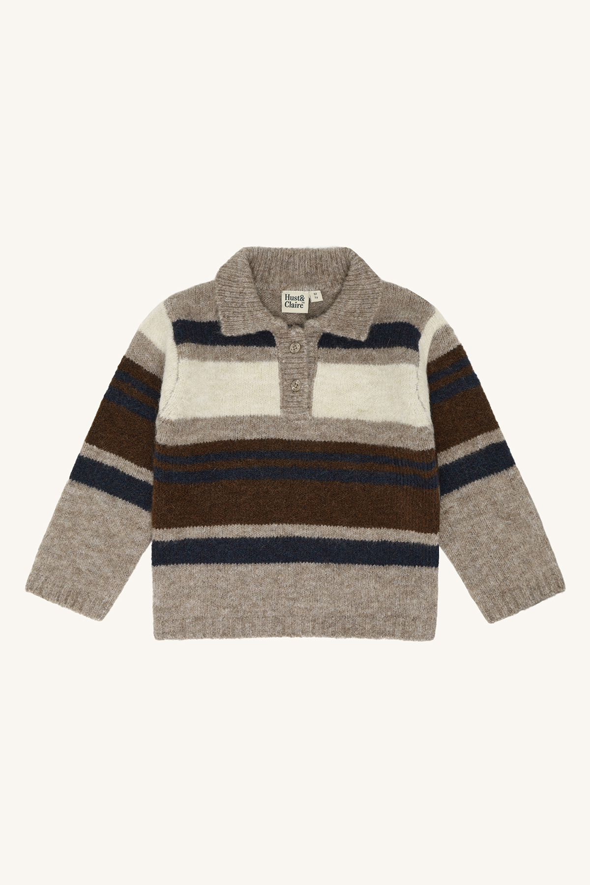 Stripet langermet barnepologenser i beige, hvit, brun og mørkeblå med en treknappsstolpe.