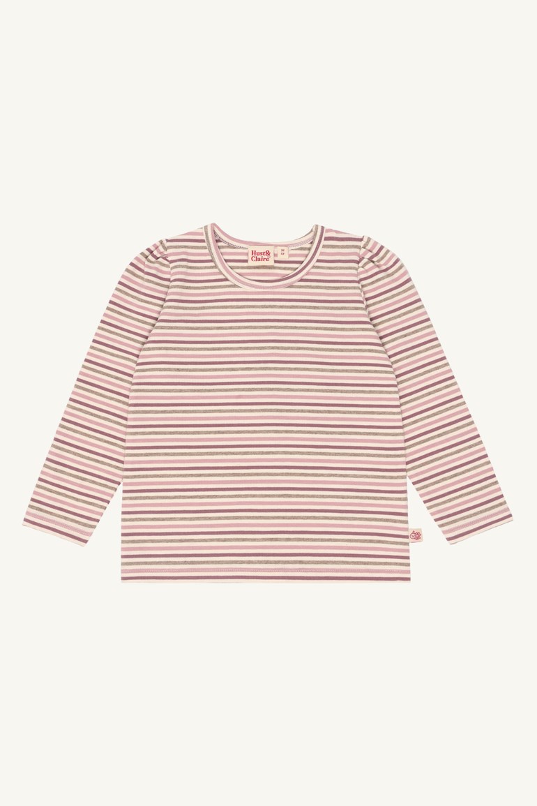 Langermet barnegenser med rosa, beige og lilla horisontale striper, rund hals og puffermer.